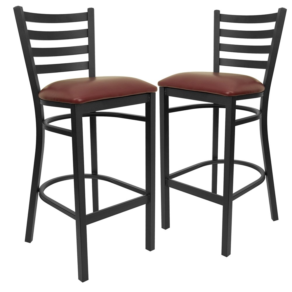2 Pk. Black Ladder Back Metal Restaurant Barstool – Burgundy Vinyl Seat