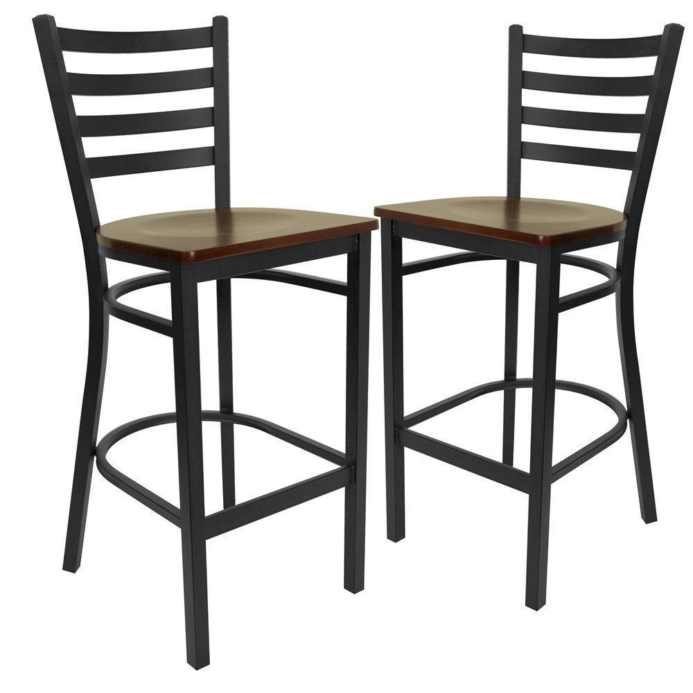 2 Pk. Black Ladder Back Metal Restaurant Barstool – Mahogany Wood Seat