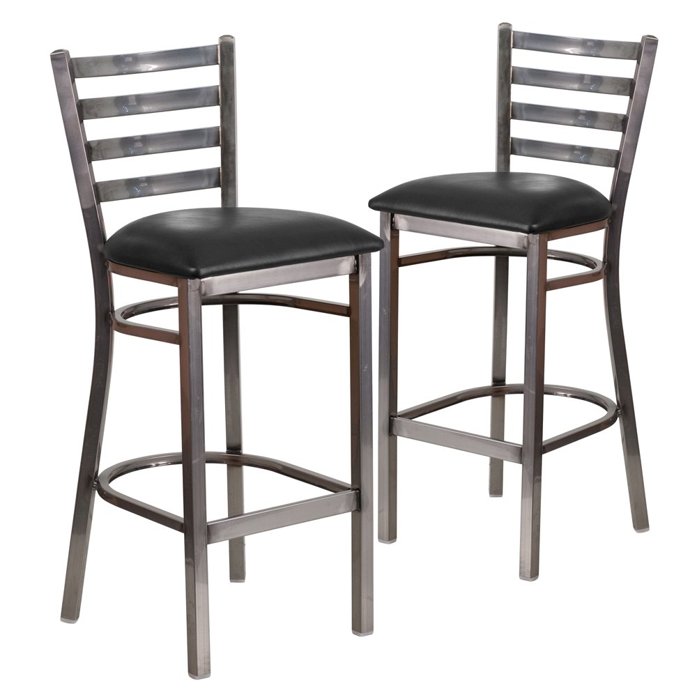 2 Pk. Clear Coated Ladder Back Metal Restaurant Barstool – Black Vinyl Seat