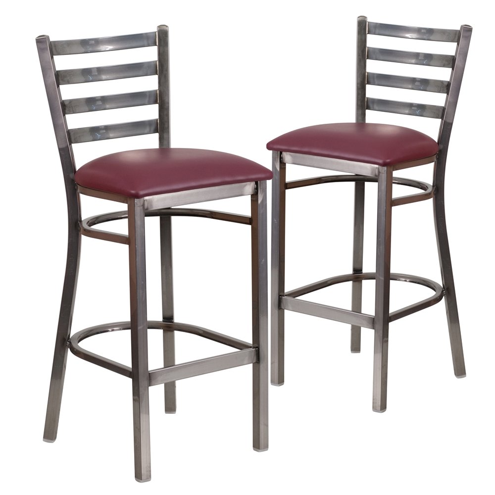2 Pk. Clear Coated Ladder Back Metal Restaurant Barstool – Burgundy Vinyl Seat