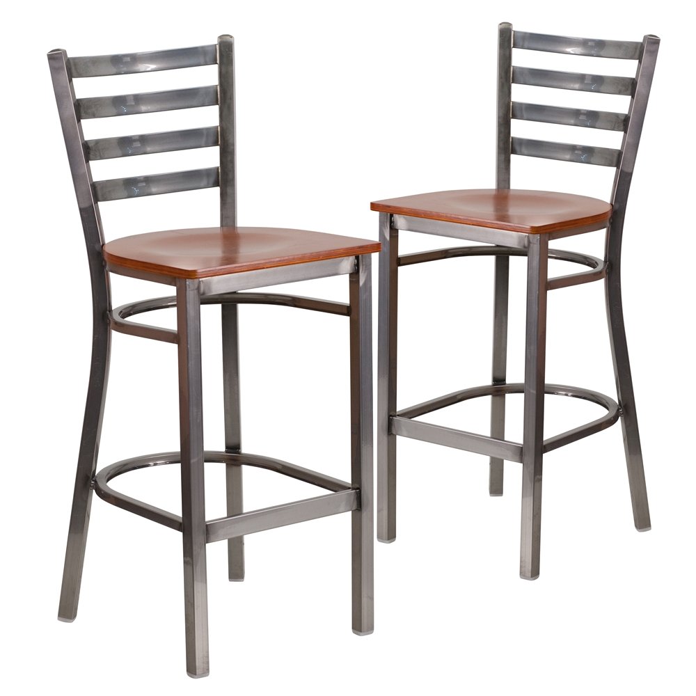 2 Pk. Clear Coated Ladder Back Metal Restaurant Barstool – Cherry Wood Seat
