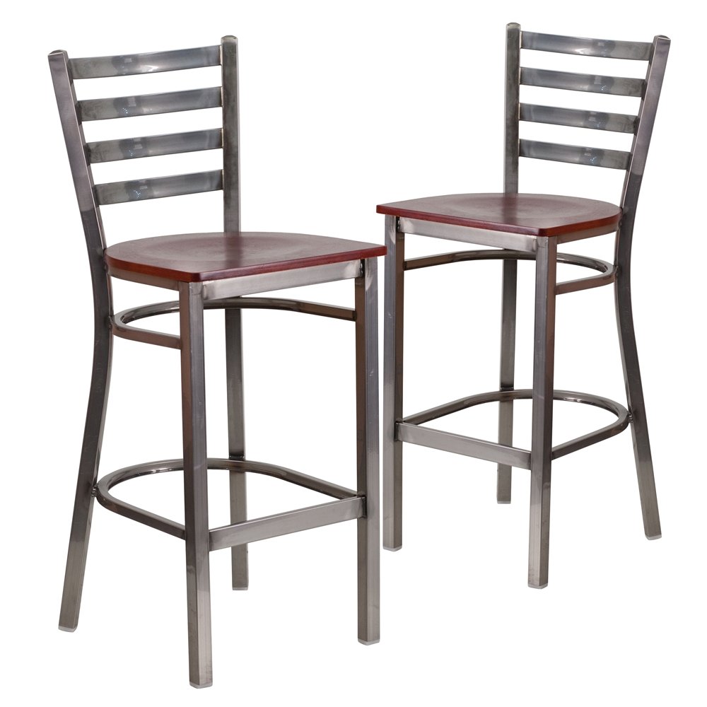 2 Pk. Clear Coated Ladder Back Metal Restaurant Barstool – Mahogany Wood Seat