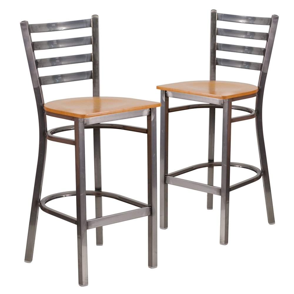 2 Pk. Clear Coated Ladder Back Metal Restaurant Barstool – Natural Wood Seat