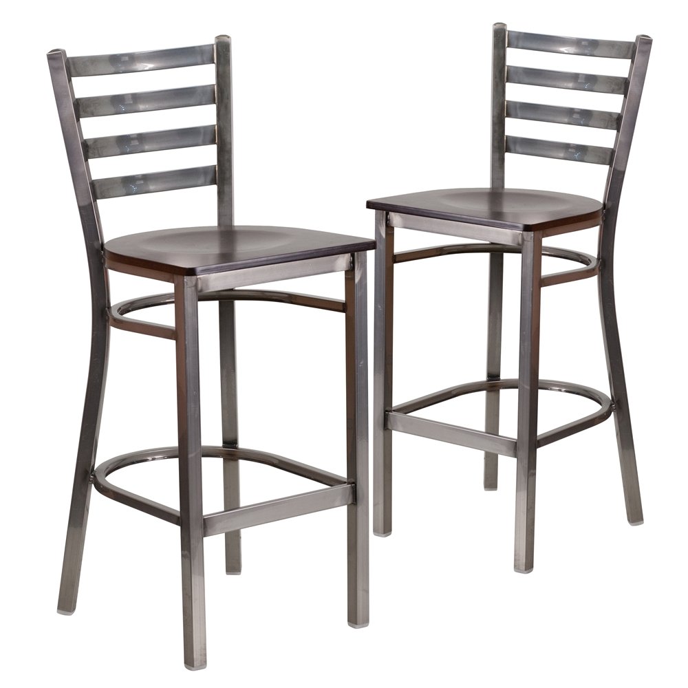 2 Pk. Clear Coated Ladder Back Metal Restaurant Barstool – Walnut Wood Seat