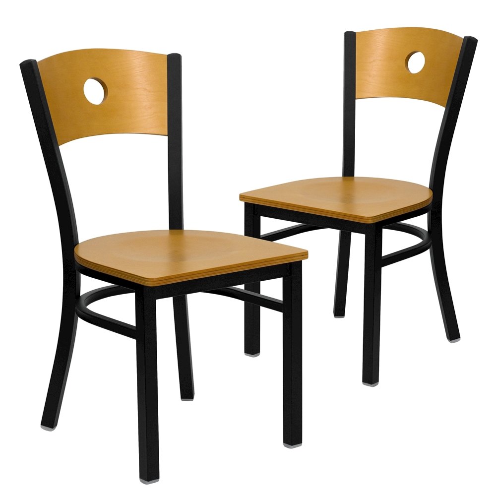 2 Pk. Black Circle Back Metal Restaurant Chair – Natural Wood Back & Seat