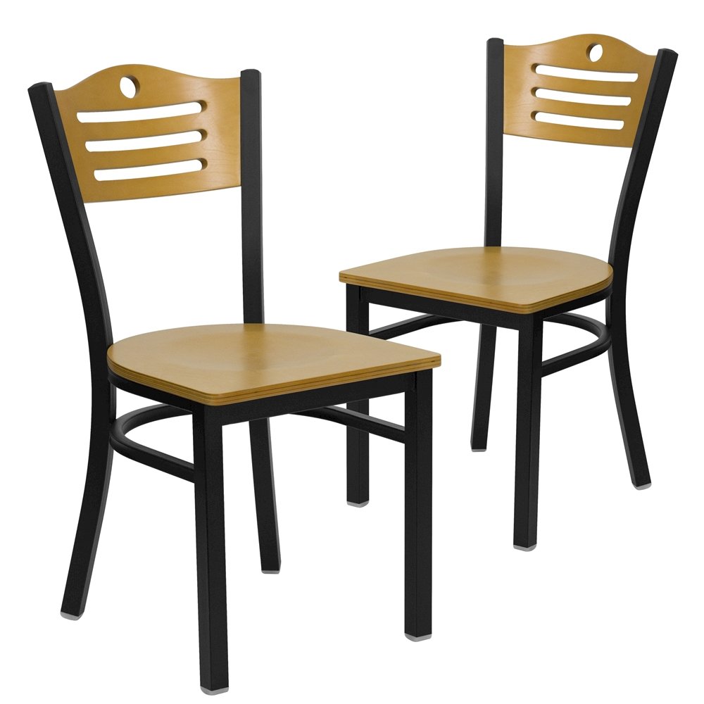 2 Pk. Black Slat Back Metal Restaurant Chair – Natural Wood Back & Seat