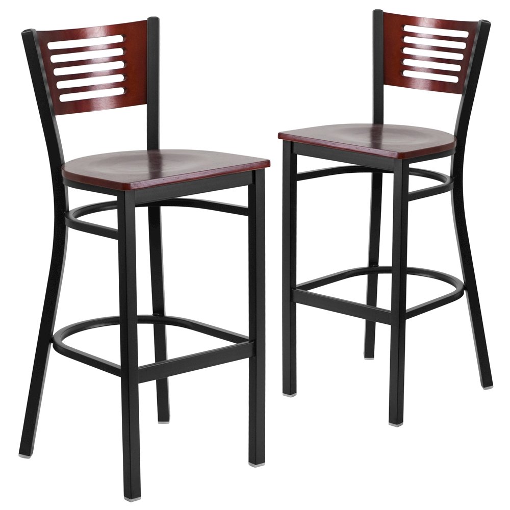 2 Pk. Slat Back Metal Barstool – Mahogany Wood Back & Seat