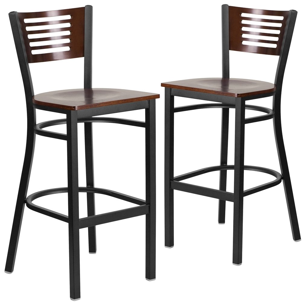 2 Pk. Slat Back Metal Barstool – Walnut Wood Back & Seat