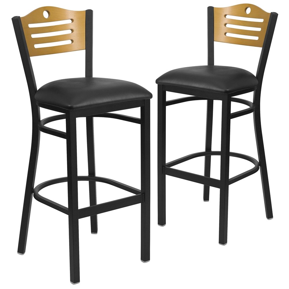 2 Pk. Black Slat Back Metal Barstool – Natural Wood Back