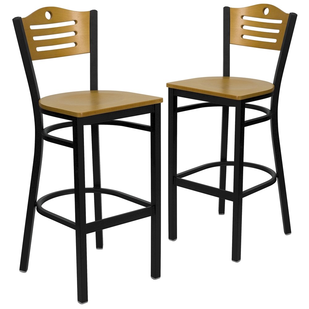 2 Pk. Black Slat Back Metal Restaurant Barstool – Natural Wood Back & Seat