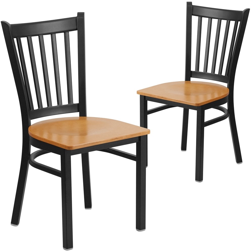 2 Pk. Black Vertical Back Metal Restaurant Chair – Natural Wood Seat
