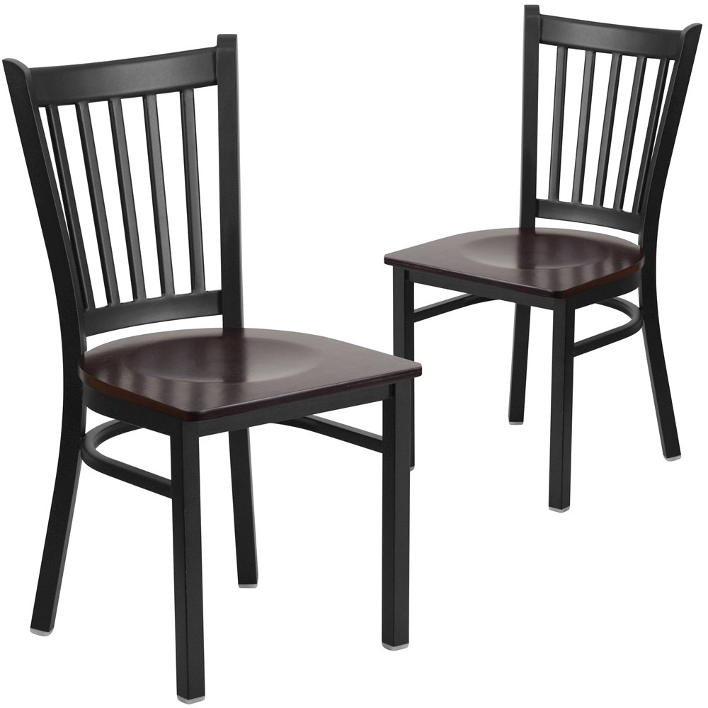 2 Pk. Black Vertical Back Metal Restaurant Chair – Walnut Wood Seat