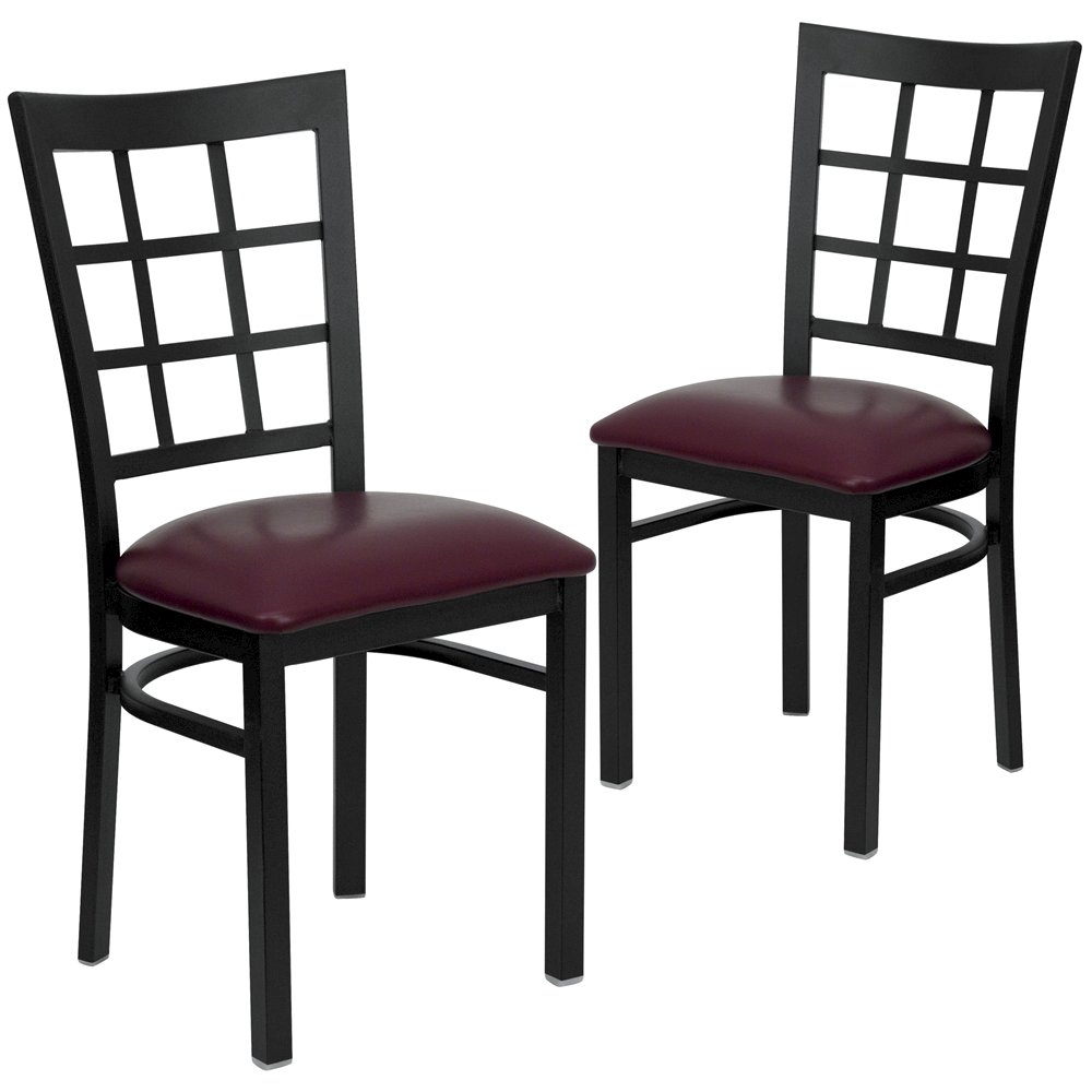 2 Pk. Black Window Back Metal Restaurant Chair – Burgundy Vinyl Seat