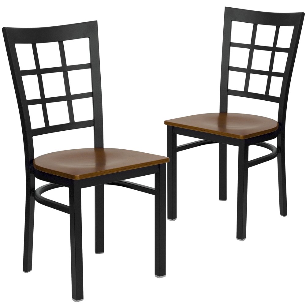 2 Pk. Black Window Back Metal Restaurant Chair – Cherry Wood Seat