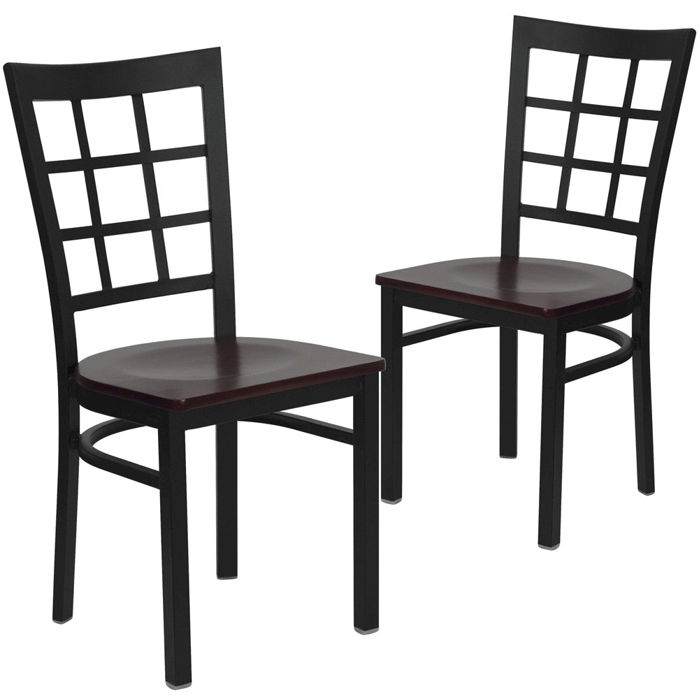 2 Pk. Black Window Back Metal Restaurant Chair – Mahogany Wood Seat