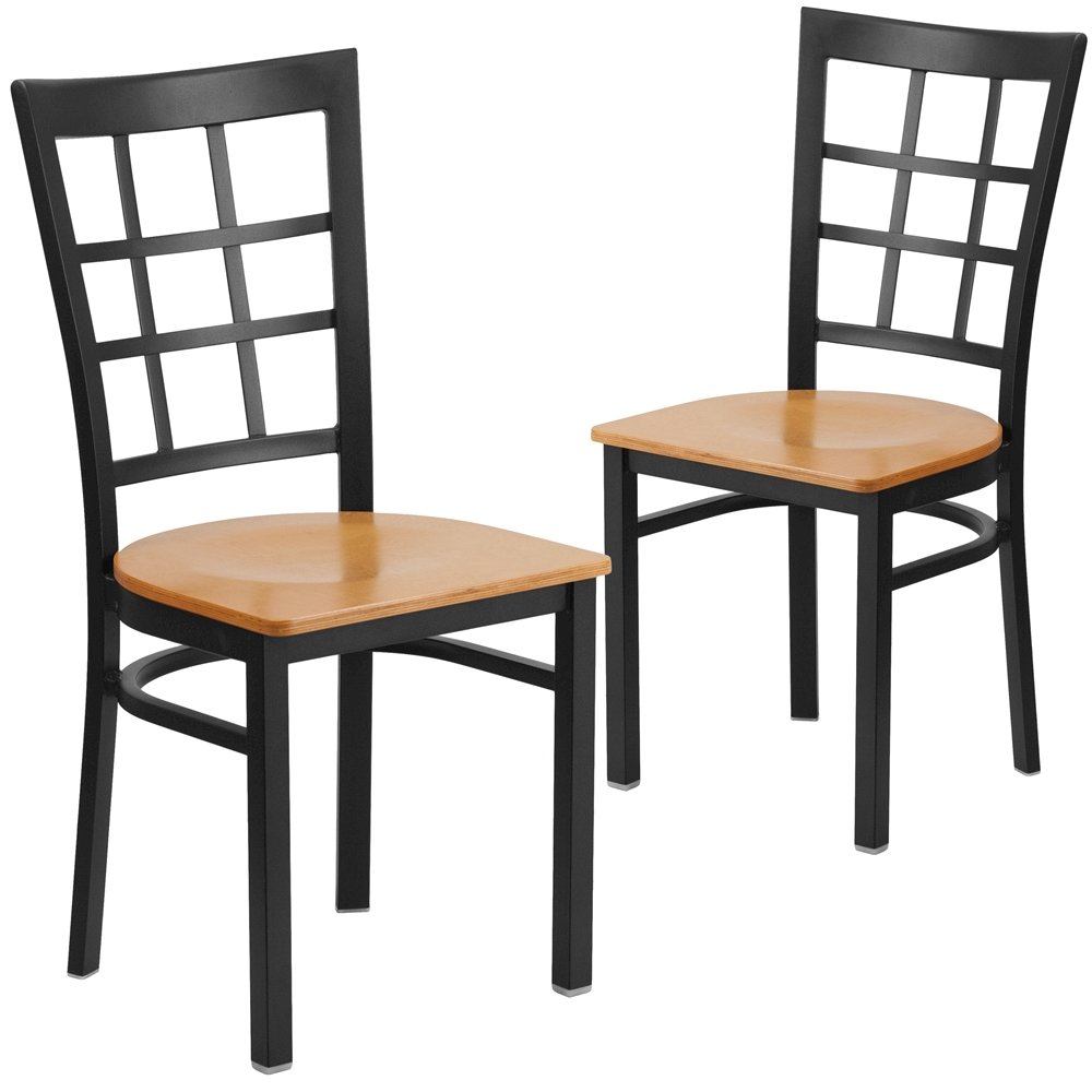 2 Pk. Black Window Back Metal Restaurant Chair – Natural Wood Seat