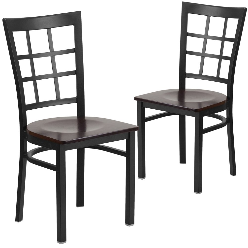 2 Pk. Black Window Back Metal Restaurant Chair – Walnut Wood Seat