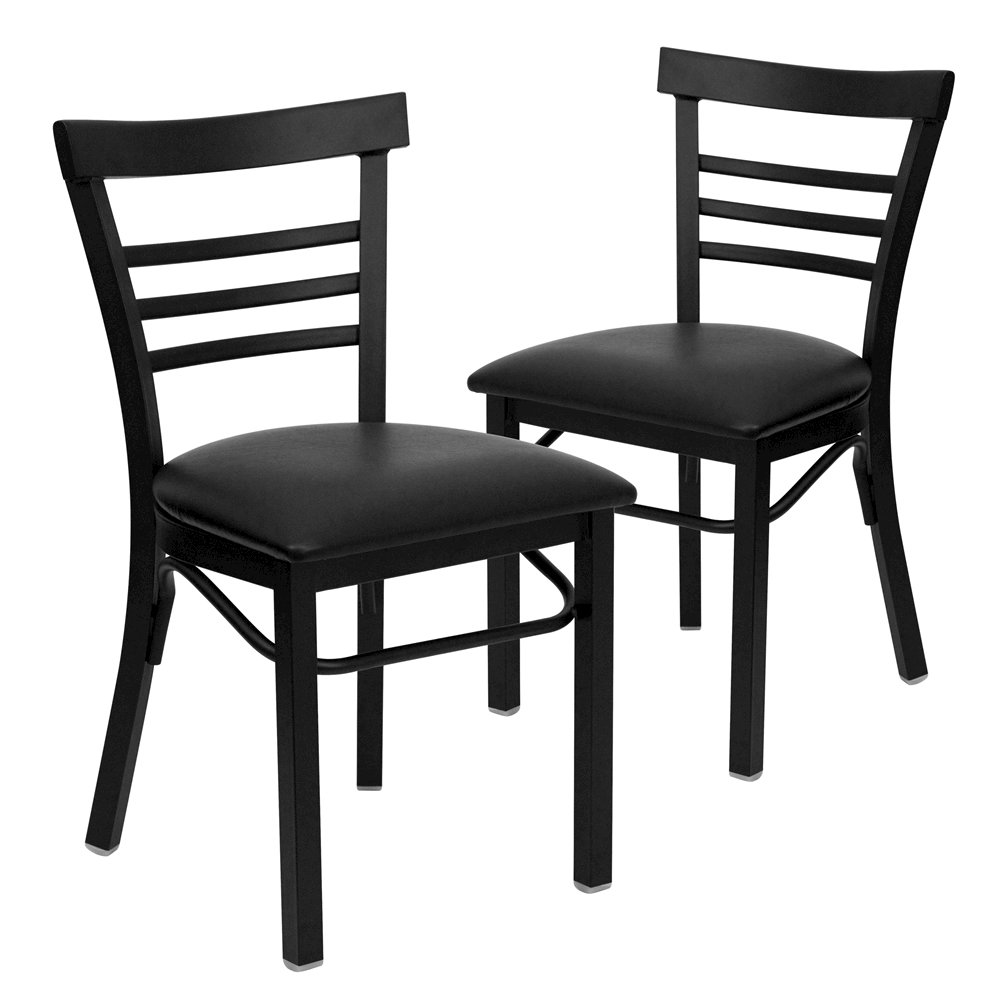 2 Pk. Black Ladder Back Metal Restaurant Chair – Black Vinyl Seat