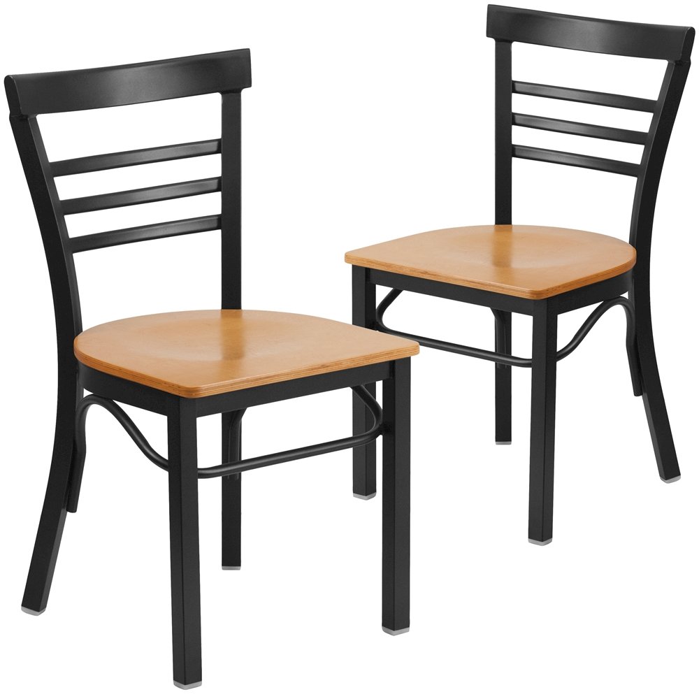 2 Pk. Black Ladder Back Metal Restaurant Chair – Natural Wood Seat