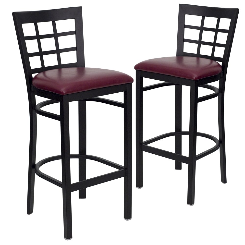 2 Pk. Black Window Back Metal Restaurant Barstool – Burgundy Vinyl Seat