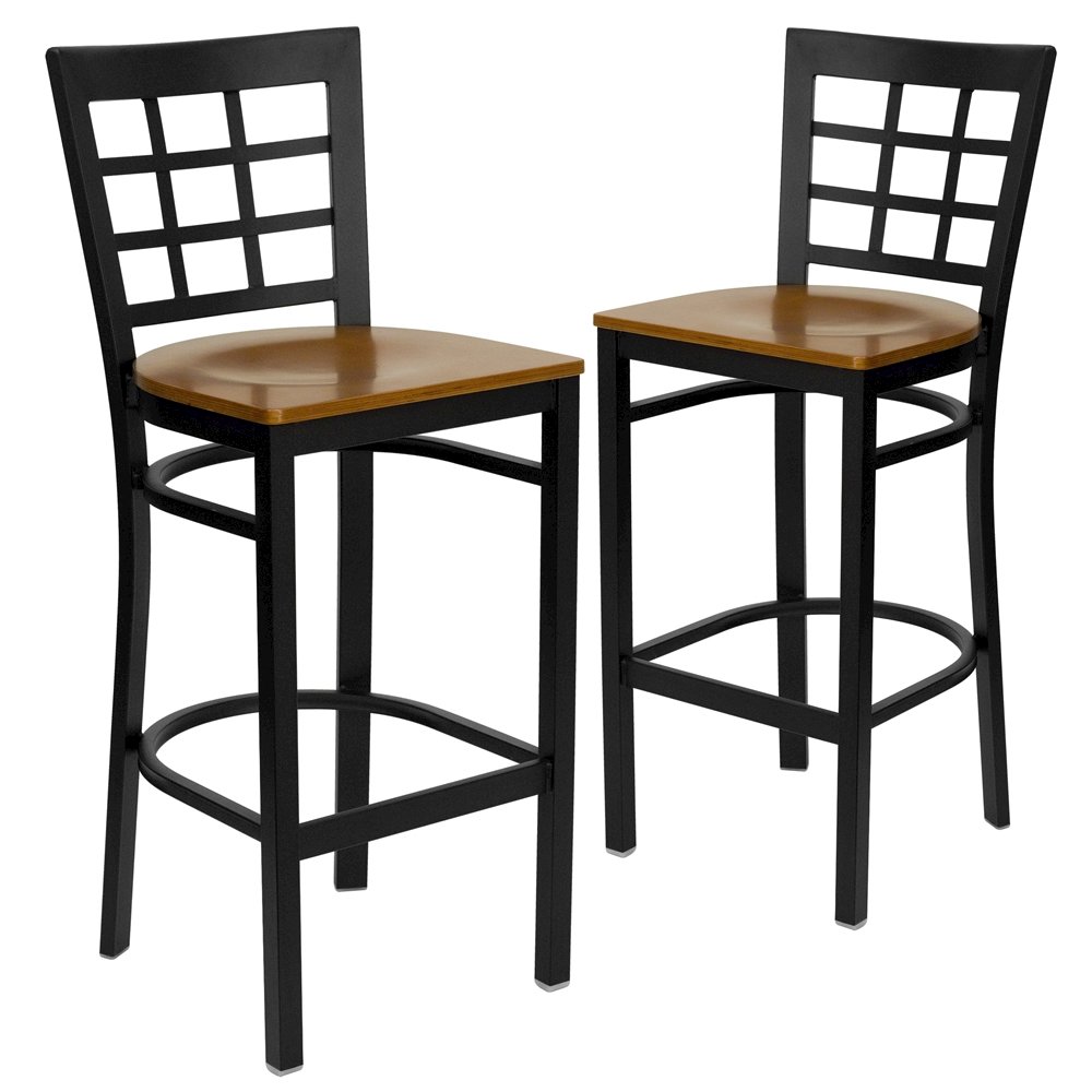 2 Pk. Black Window Back Metal Restaurant Barstool – Cherry Wood Seat