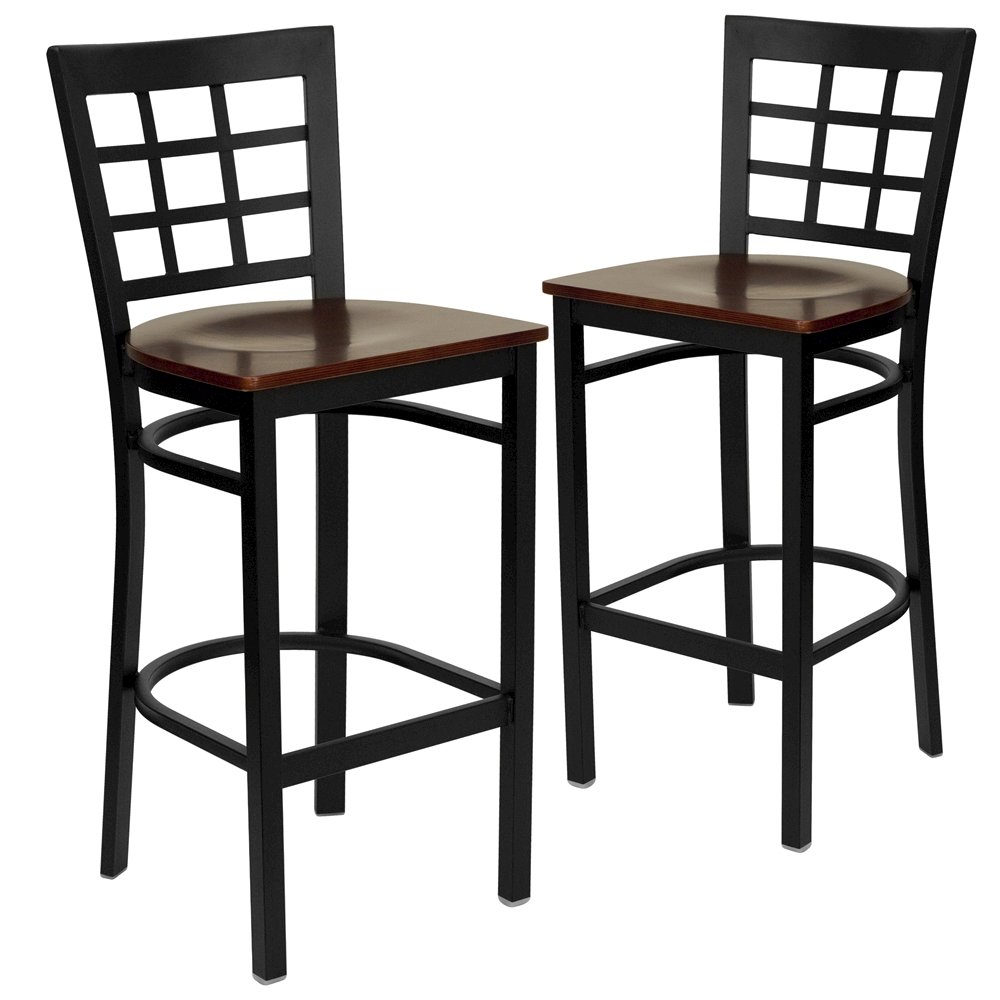 2 Pk. Black Window Back Metal Restaurant Barstool – Mahogany Wood Seat