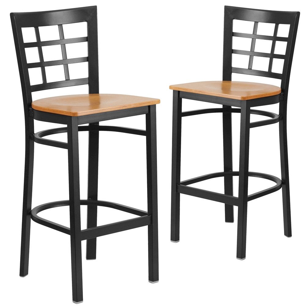 2 Pk. Black Window Back Metal Restaurant Barstool – Natural Wood Seat