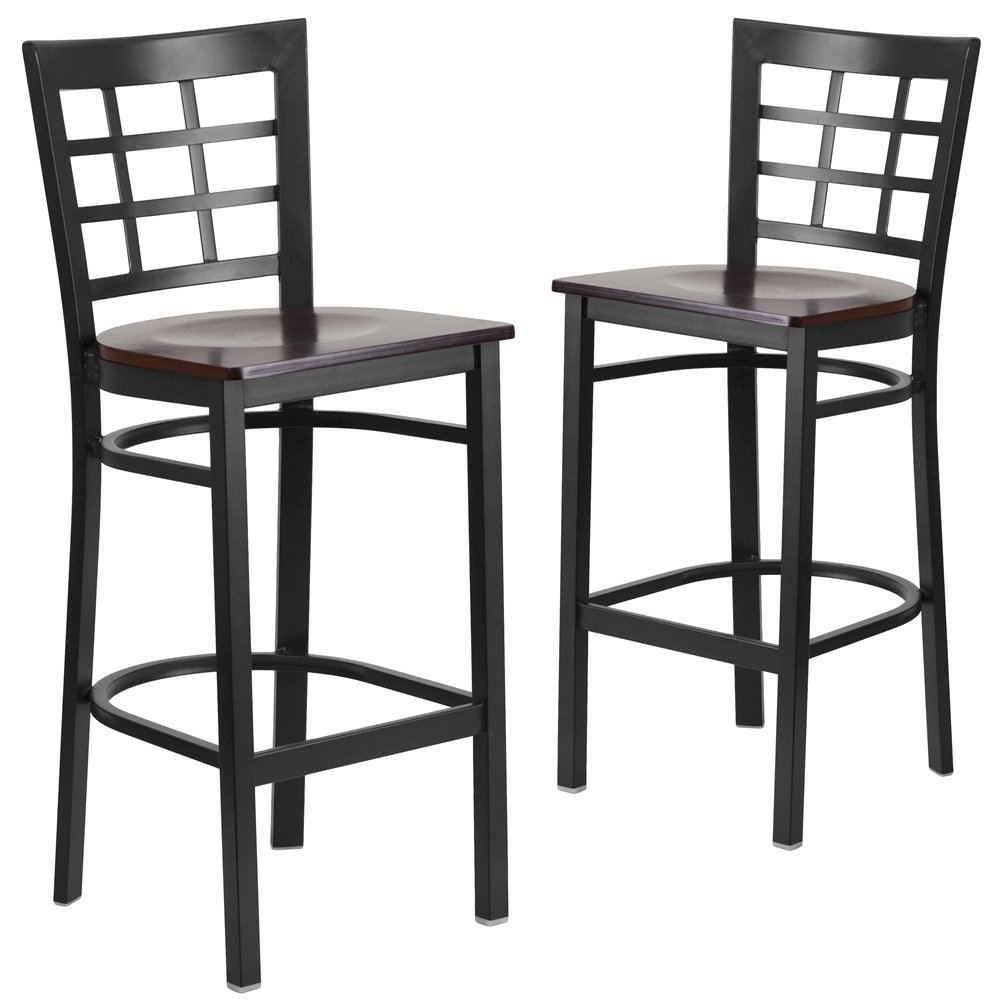 2 Pk. Black Window Back Metal Restaurant Barstool – Walnut Wood Seat