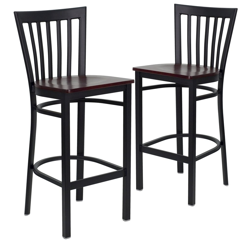 2 Pk. Black School House Back Metal Restaurant Barstool – Mahogany Wood Seat