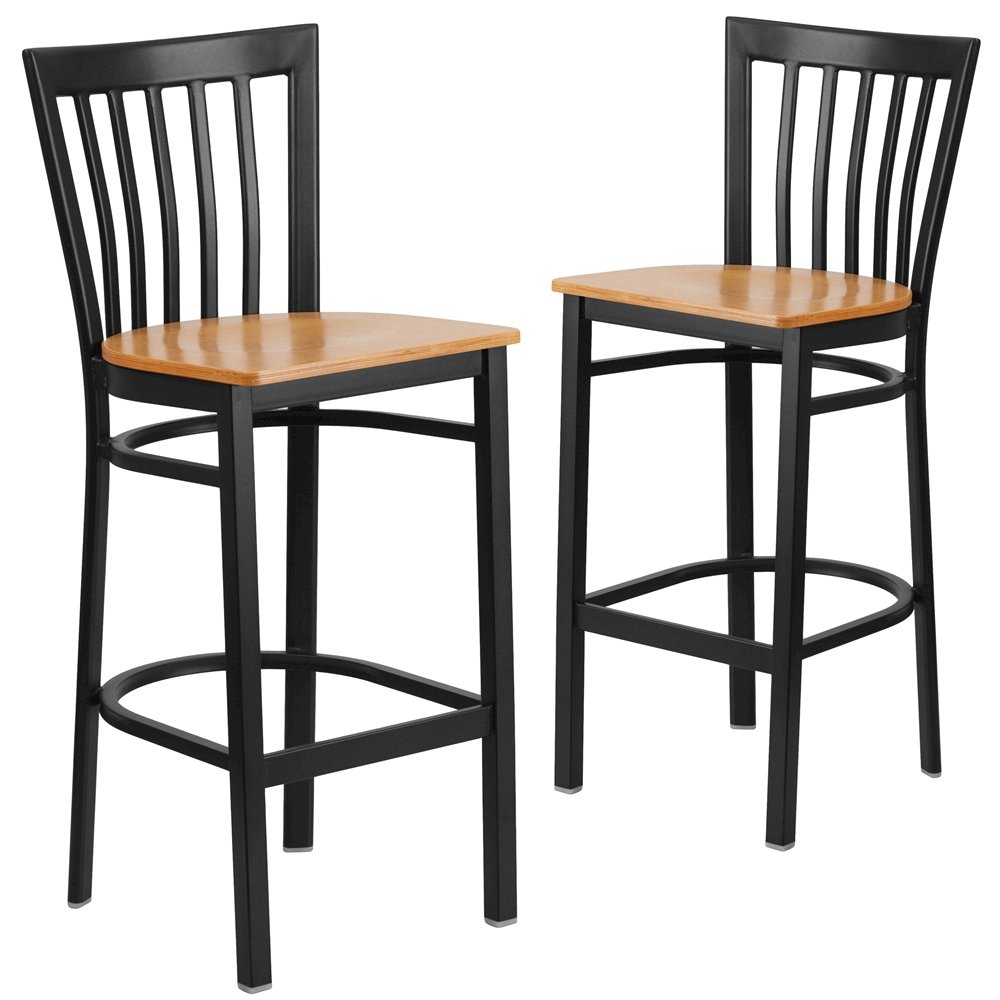 2 Pk. Black School House Back Metal Restaurant Barstool – Natural Wood Seat