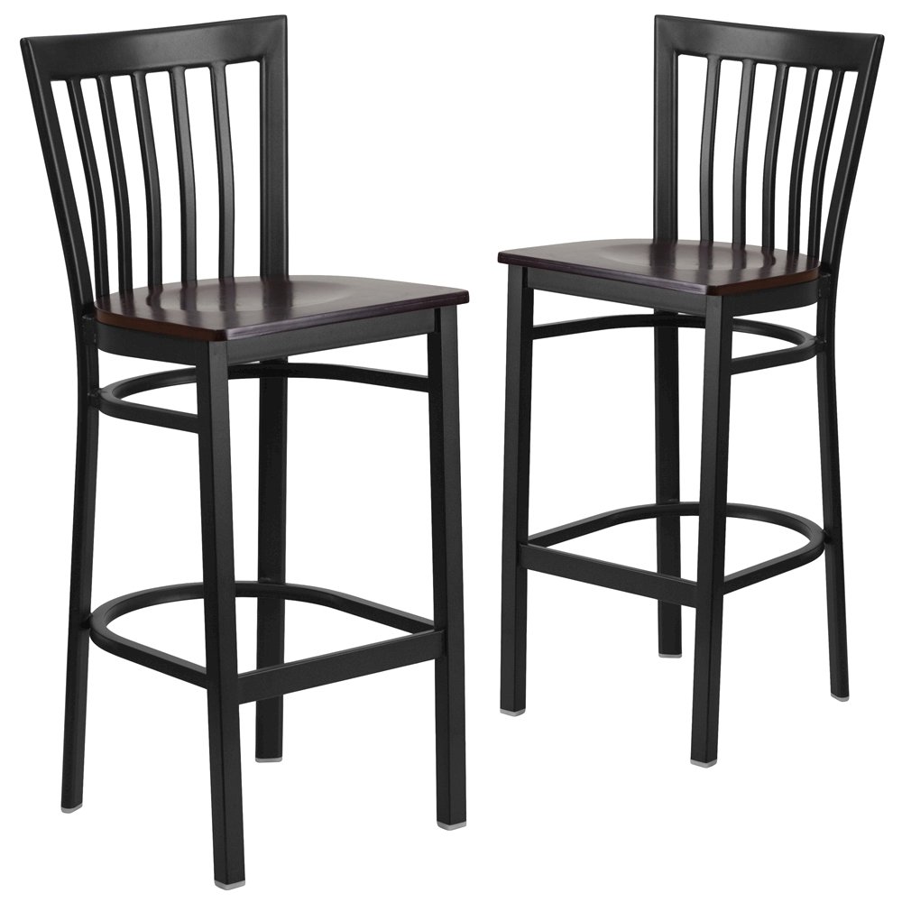 2 Pk. Black School House Back Metal Restaurant Barstool – Walnut Wood Seat