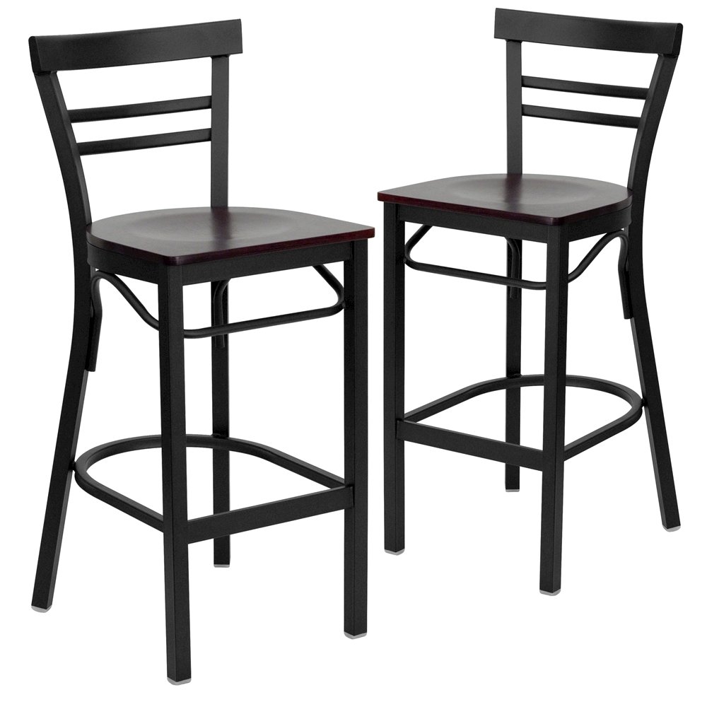 2 Pk. Black Ladder Back Metal Restaurant Barstool – Mahogany Wood Seat