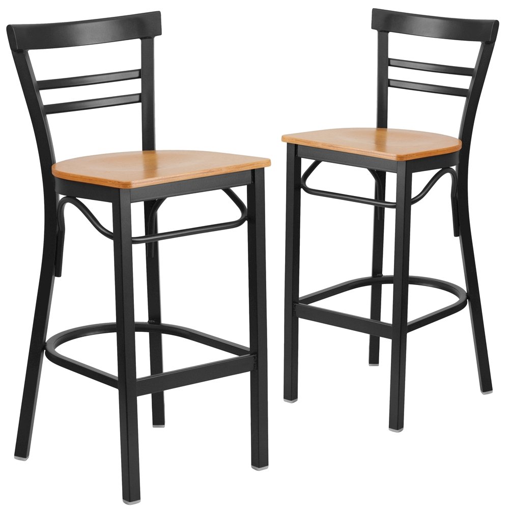 2 Pk. Black Ladder Back Metal Restaurant Barstool – Natural Wood Seat