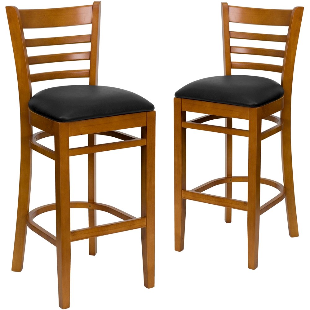 2 Pk. Cherry Finished Ladder Back Wooden Restaurant Barstool – Black Vinyl Seat