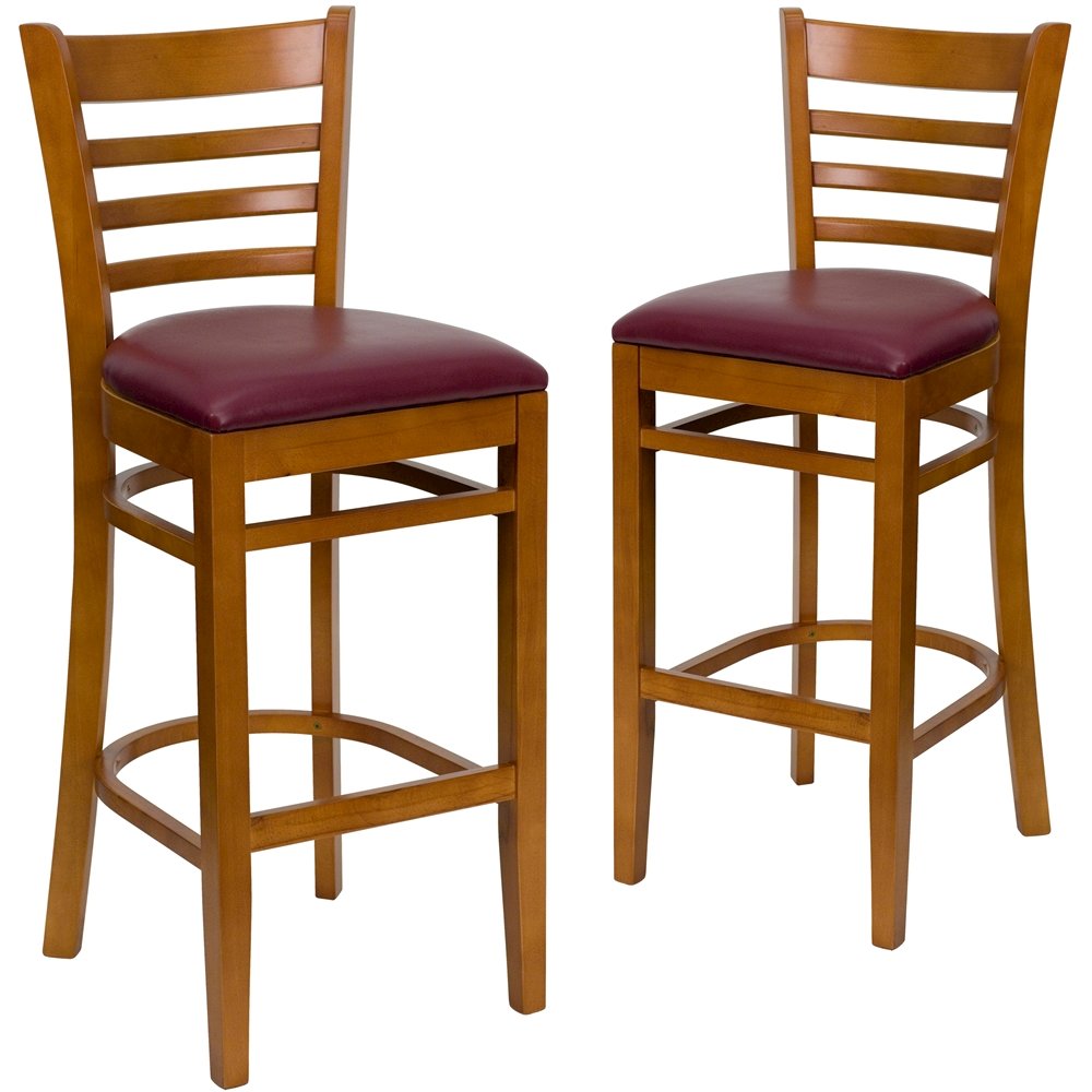 2 Pk. Cherry Finished Ladder Back Wooden Barstool – Burgundy Vinyl Seat