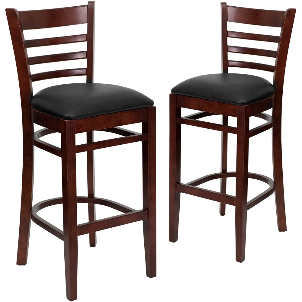 2 Pk. Mahogany Finished Ladder Back Wooden Barstool – Black Vinyl Seat