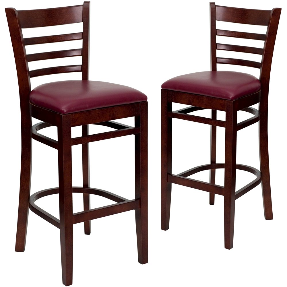2 Pk. Mahogany Finished Ladder Back Wooden Barstool – Burgundy Vinyl Seat