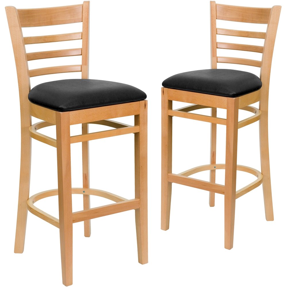 2 Pk. Natural Wood Finished Ladder Back Wooden Barstool – Black Vinyl Seat