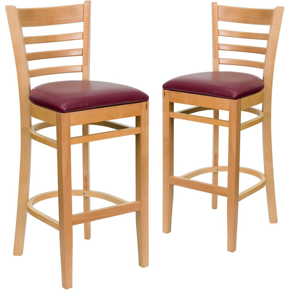 2 Pk. Natural Wood Finished Ladder Back Wooden Barstool – Burgundy Vinyl Seat