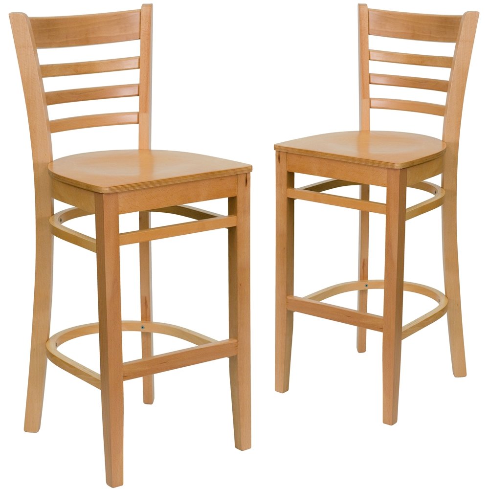 2 Pk. Natural Wood Finished Ladder Back Wooden Restaurant Barstool