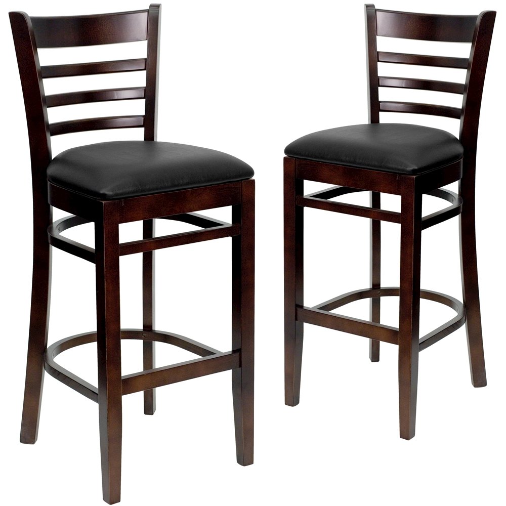 2 Pk. Walnut Finished Ladder Back Wooden Restaurant Barstool – Black Vinyl Seat