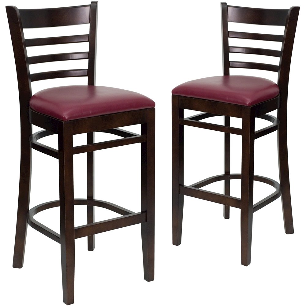 2 Pk. Walnut Finished Ladder Back Wooden Barstool – Burgundy Vinyl Seat