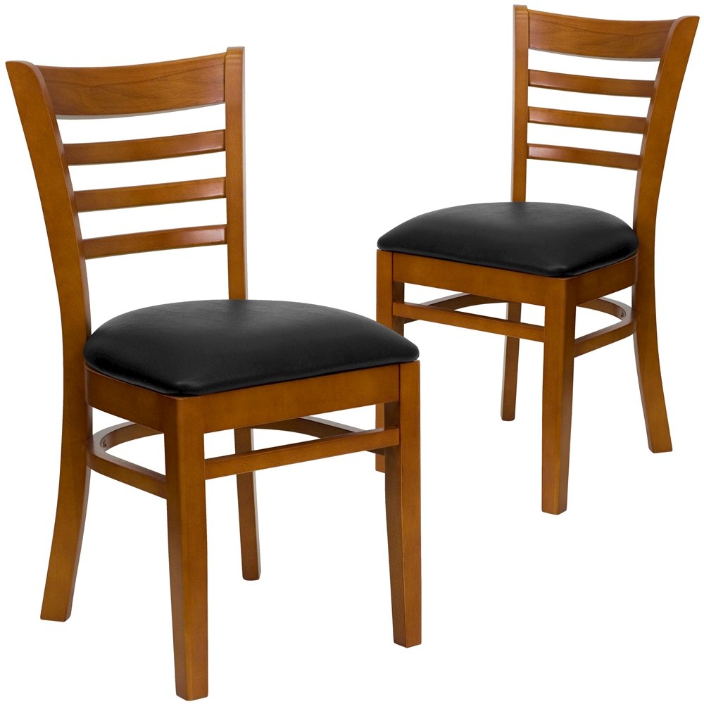 2 Pk. Cherry Finished Ladder Back Wooden Restaurant Chair – Black Vinyl Seat