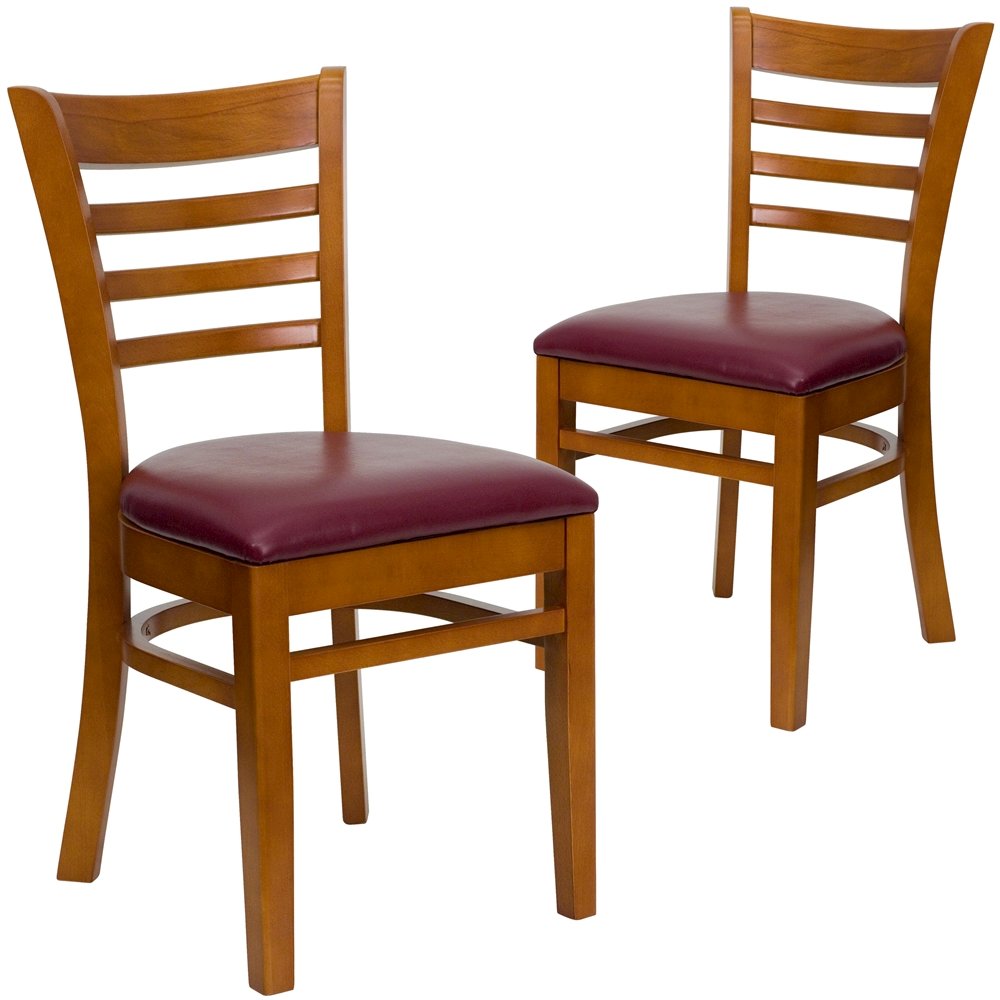 2 Pk. Cherry Finished Ladder Back Wooden Restaurant Chair – Burgundy Vinyl Seat