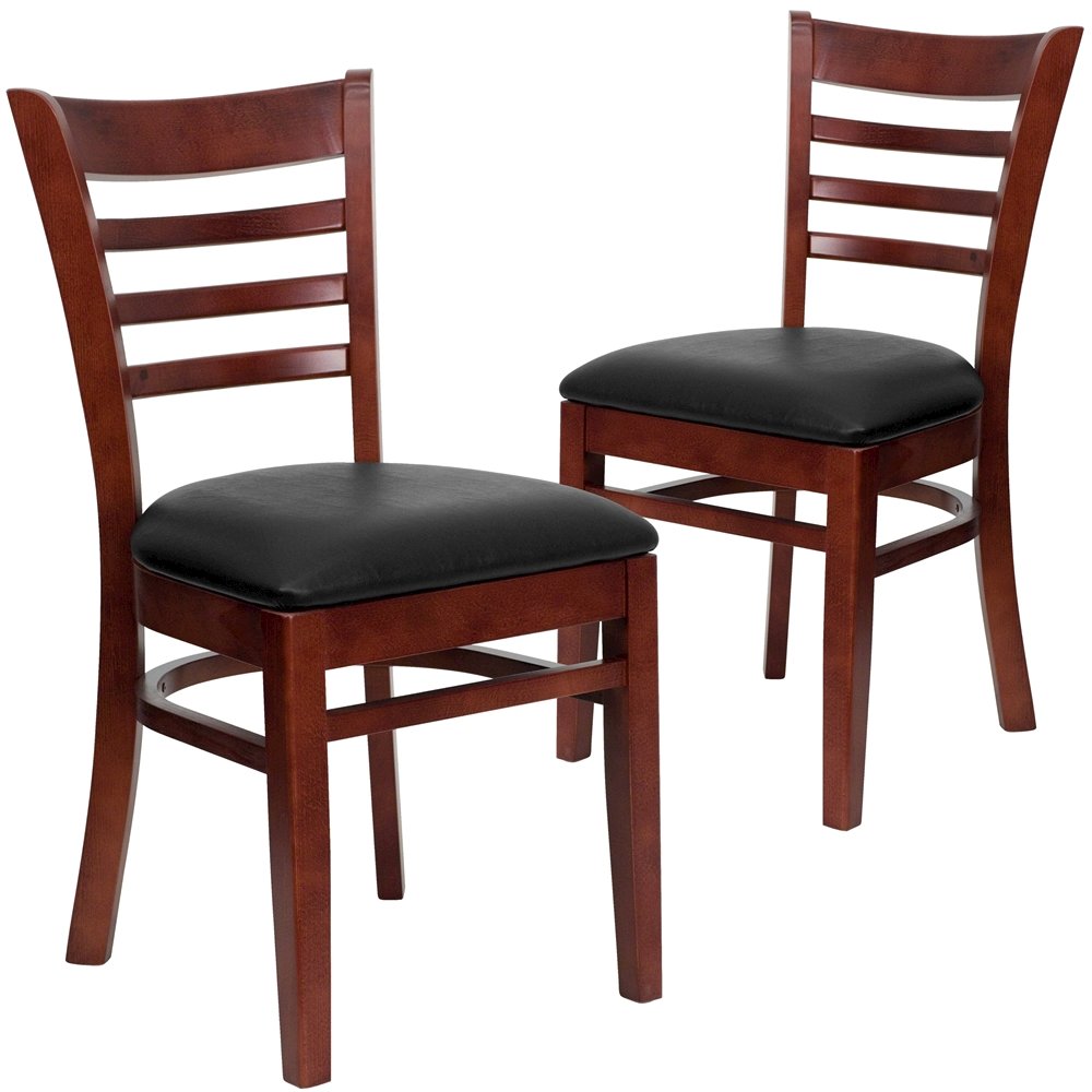 2 Pk. Mahogany Finished Ladder Back Wooden Restaurant Chair – Black Vinyl Seat