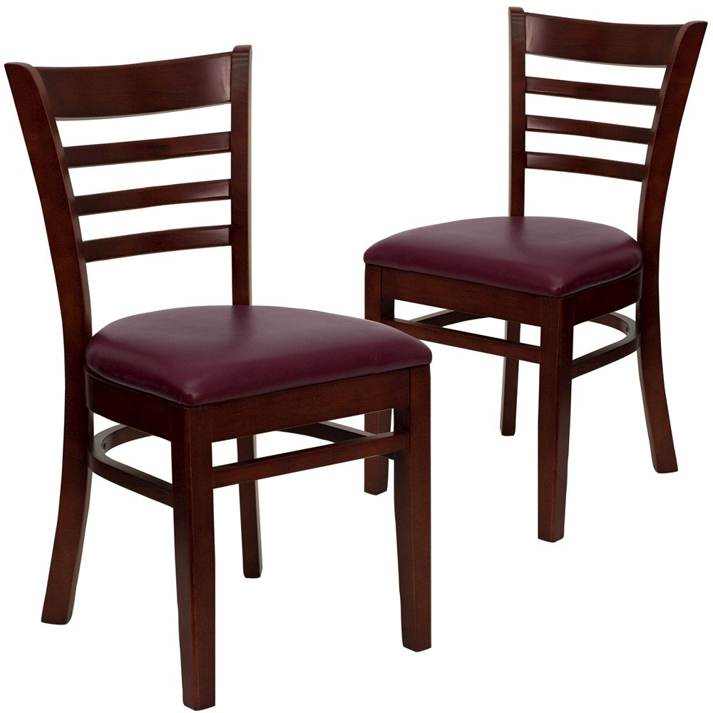 2 Pk. Mahogany Finished Ladder Back Wooden Chair – Burgundy Vinyl Seat