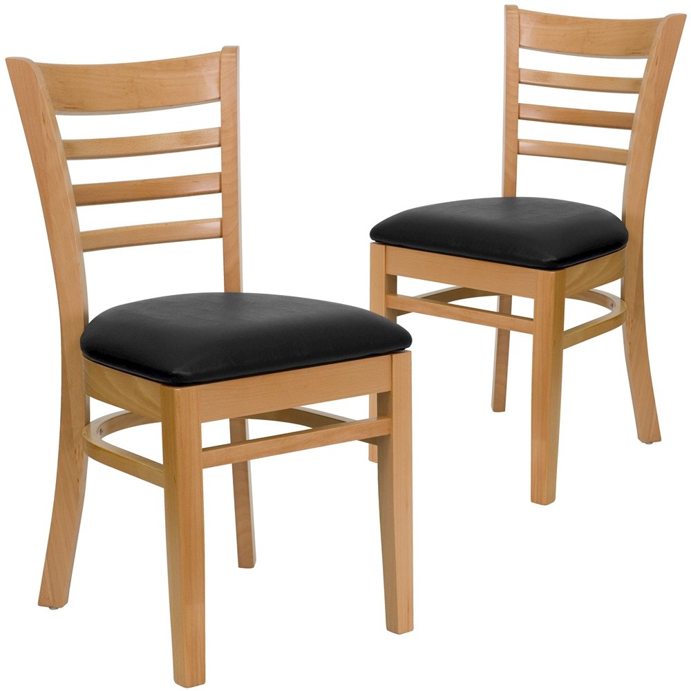 2 Pk. Natural Wood Finished Ladder Back Wooden Chair – Black Vinyl Seat