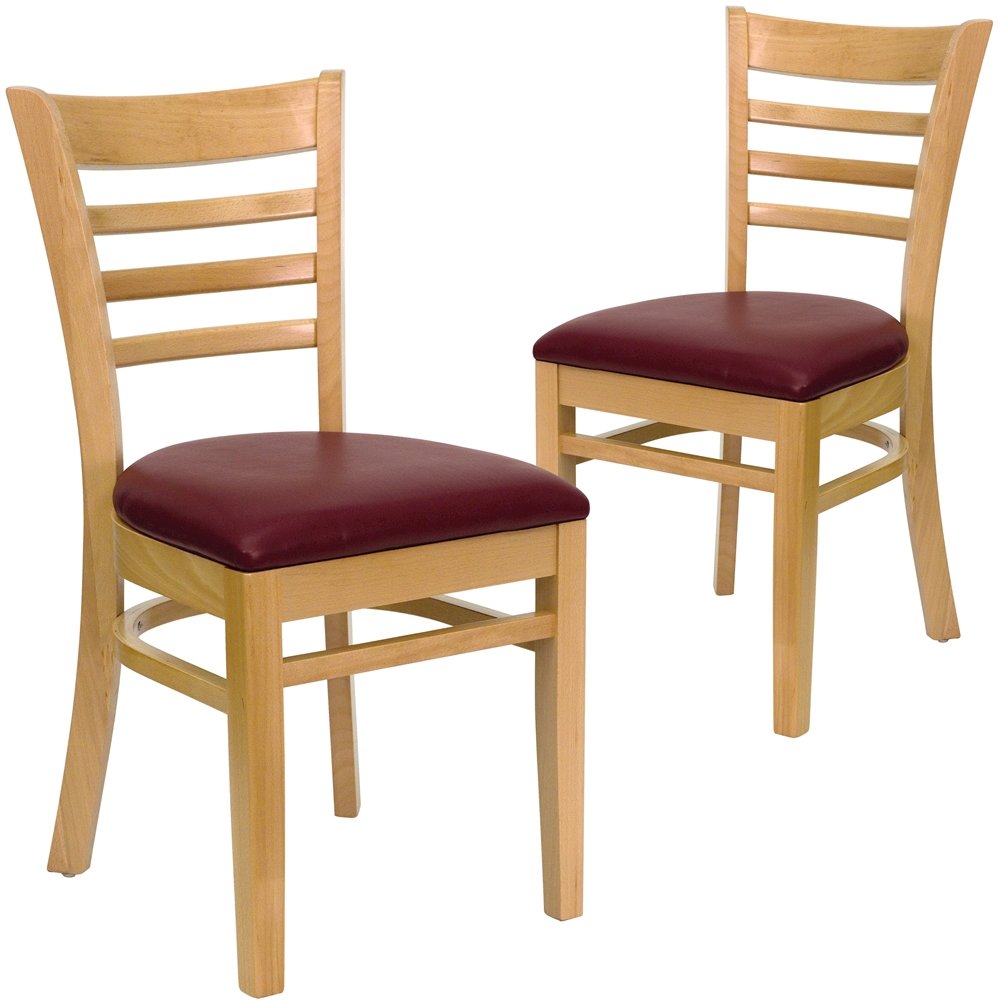 2 Pk. Natural Wood Finished Ladder Back Wooden Chair – Burgundy Vinyl Seat