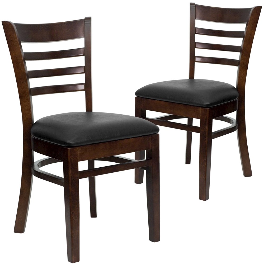 2 Pk. Walnut Finished Ladder Back Wooden Restaurant Chair – Black Vinyl Seat