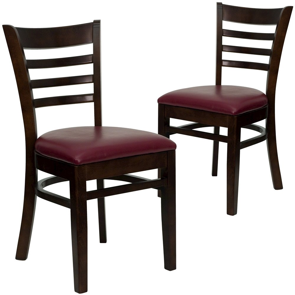 2 Pk. Walnut Finished Ladder Back Wooden Restaurant Chair – Burgundy Vinyl Seat